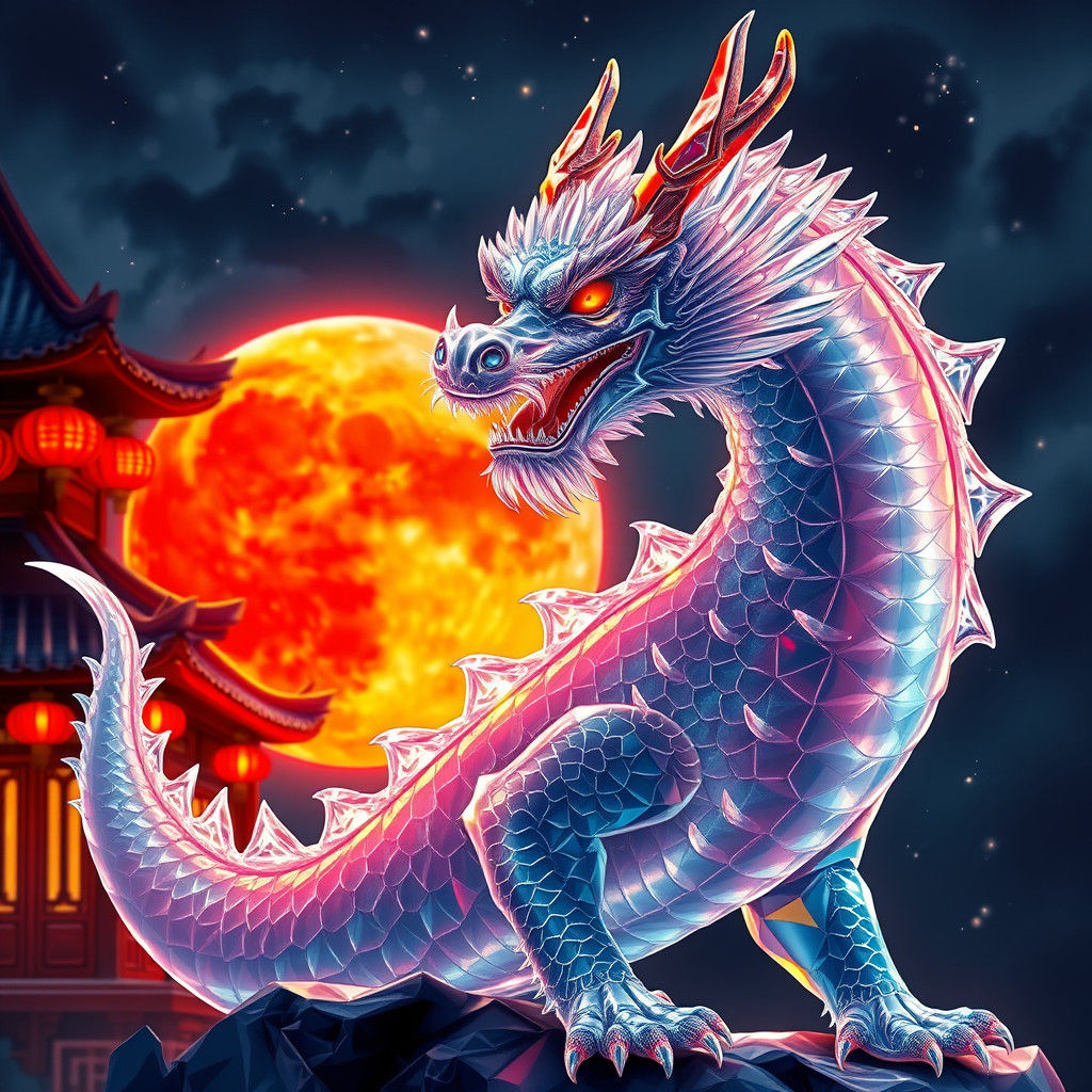 Crystal Dragon with Chinese House in Holographic Style