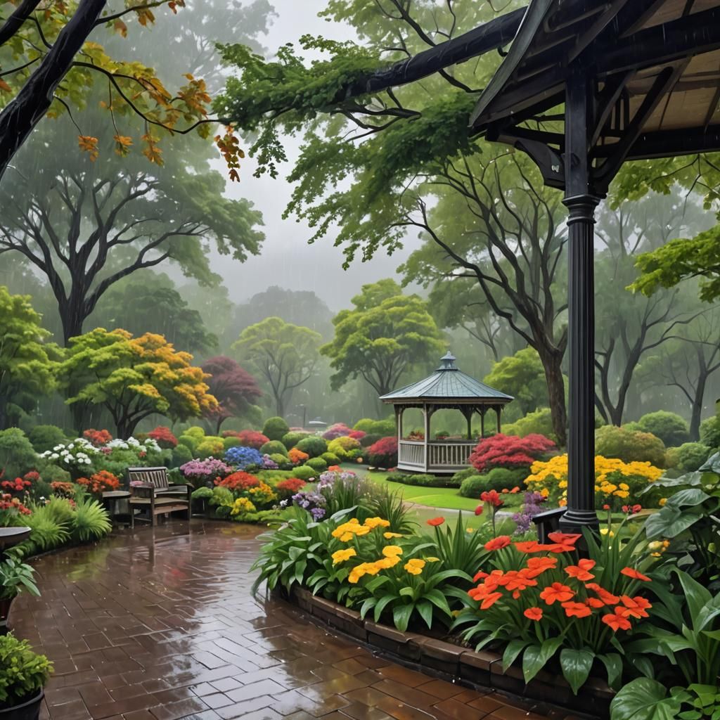 Lively Gazebo View in Rainy Weather, Detailed Matte Painting