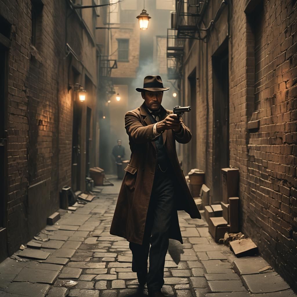 Cinematic 1911 Man Aims Pistol in Smoky Alley