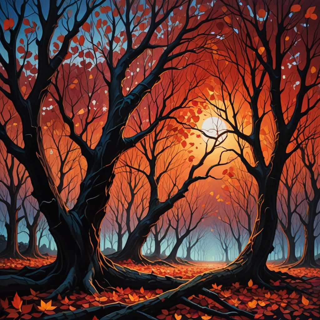 Surreal Dusk: Trees Falling in a Dreamlike Painting