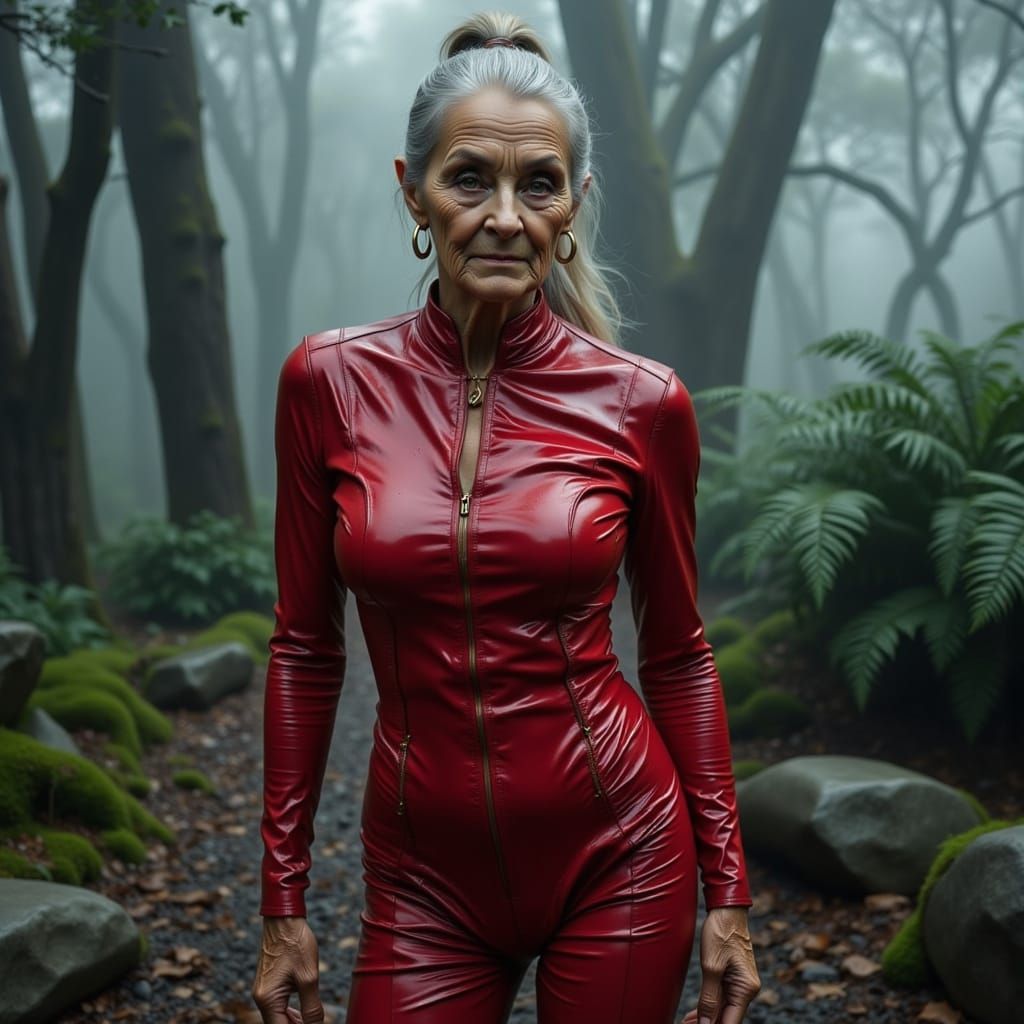 Elegant Elderly Woman in Shiny Red Catsuit in Foggy Forest