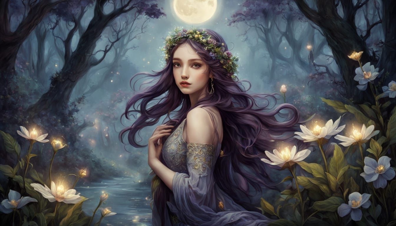 Moonlit Purple Landscape with Delicate Florals