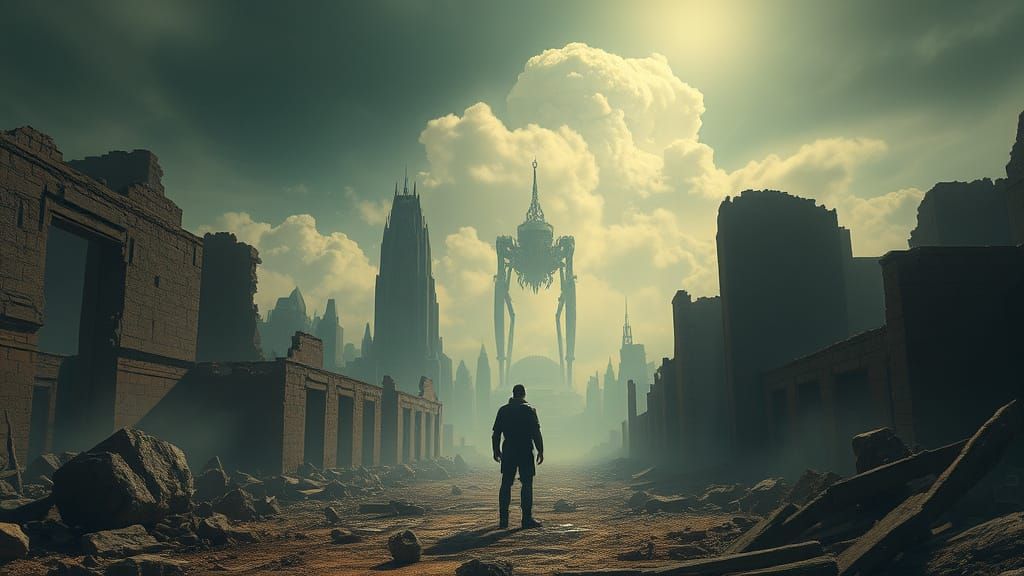 Lone Figure Amidst Ruins Reborn from Clay in a Haunting Dyst...