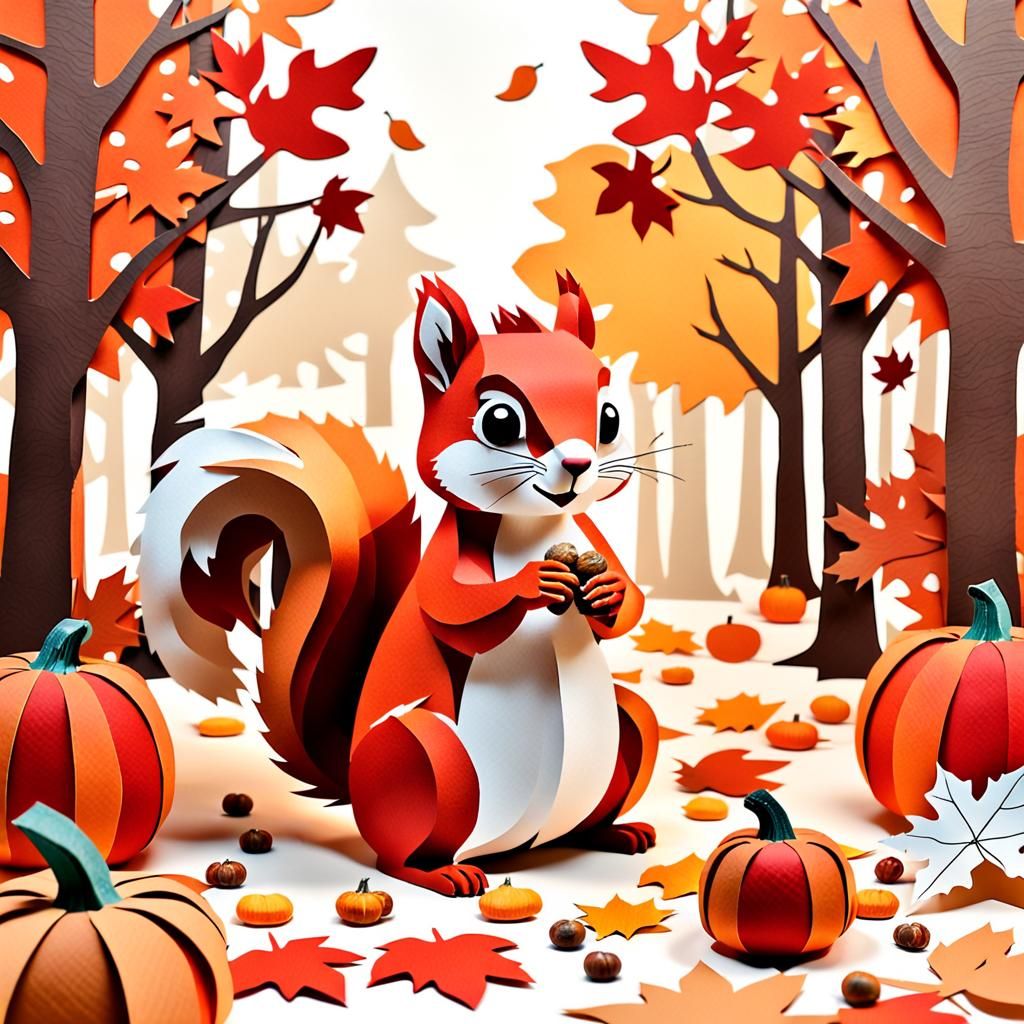 Whimsical Squirrel Paper Collage in Autumnal Forest