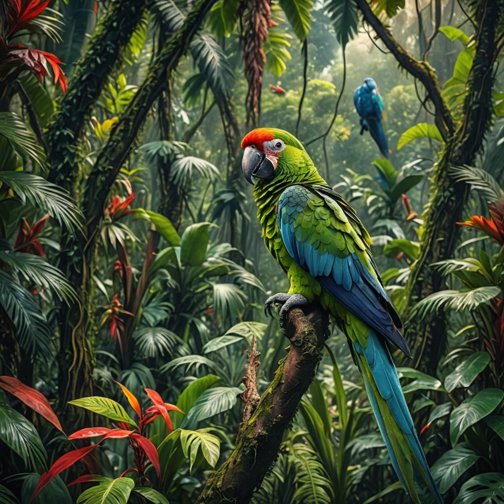 Iridescent Parrot in a Colorful Hyperrealistic Jungle