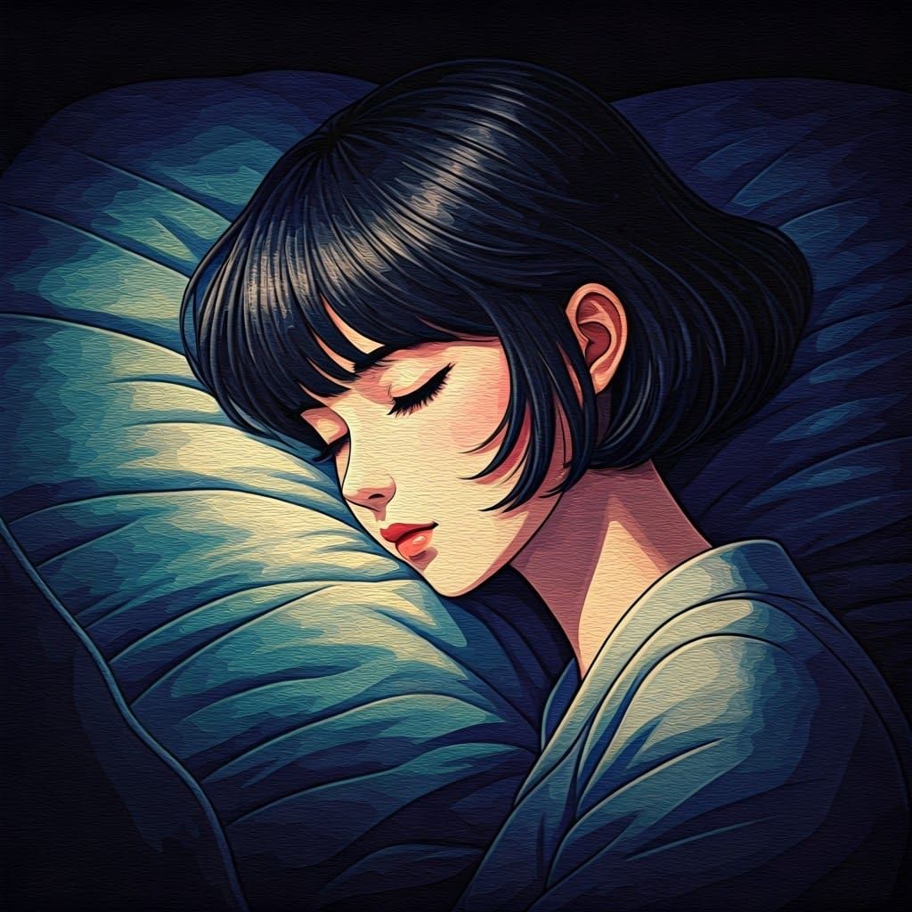 Serene Woman in Anime-Inspired Needlepoint Art