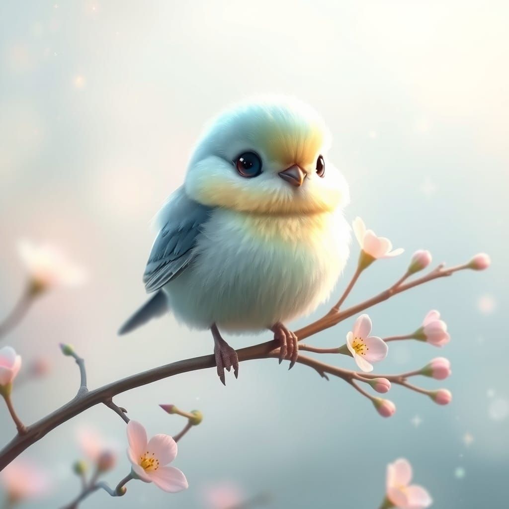 A 3D render of a small, charming bird with pastel blue celeste and soft yellow feathers. The bird has an iridescent glow...