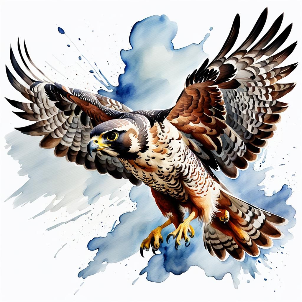 Falcon in Flight: Digital Watercolor Painting