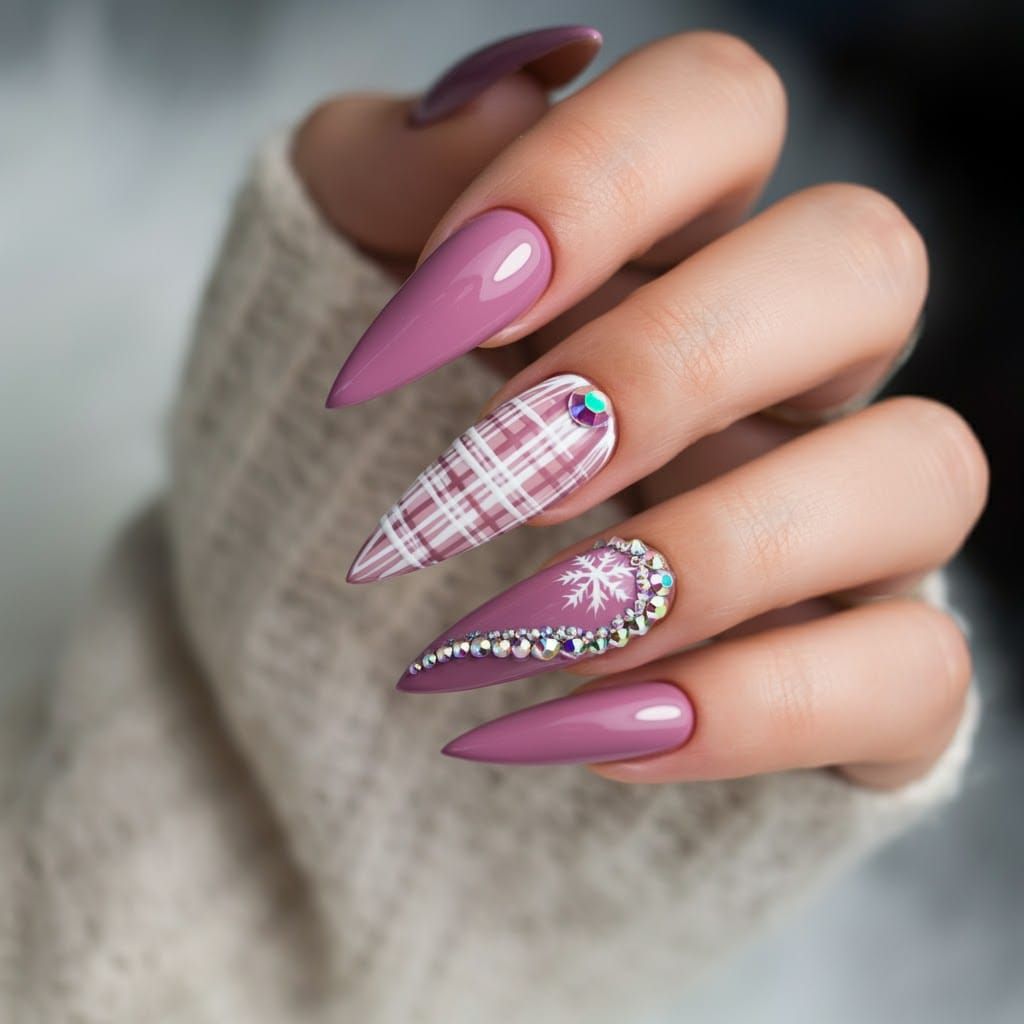 Elegant Pink Stiletto Nails with Winter Nail Art