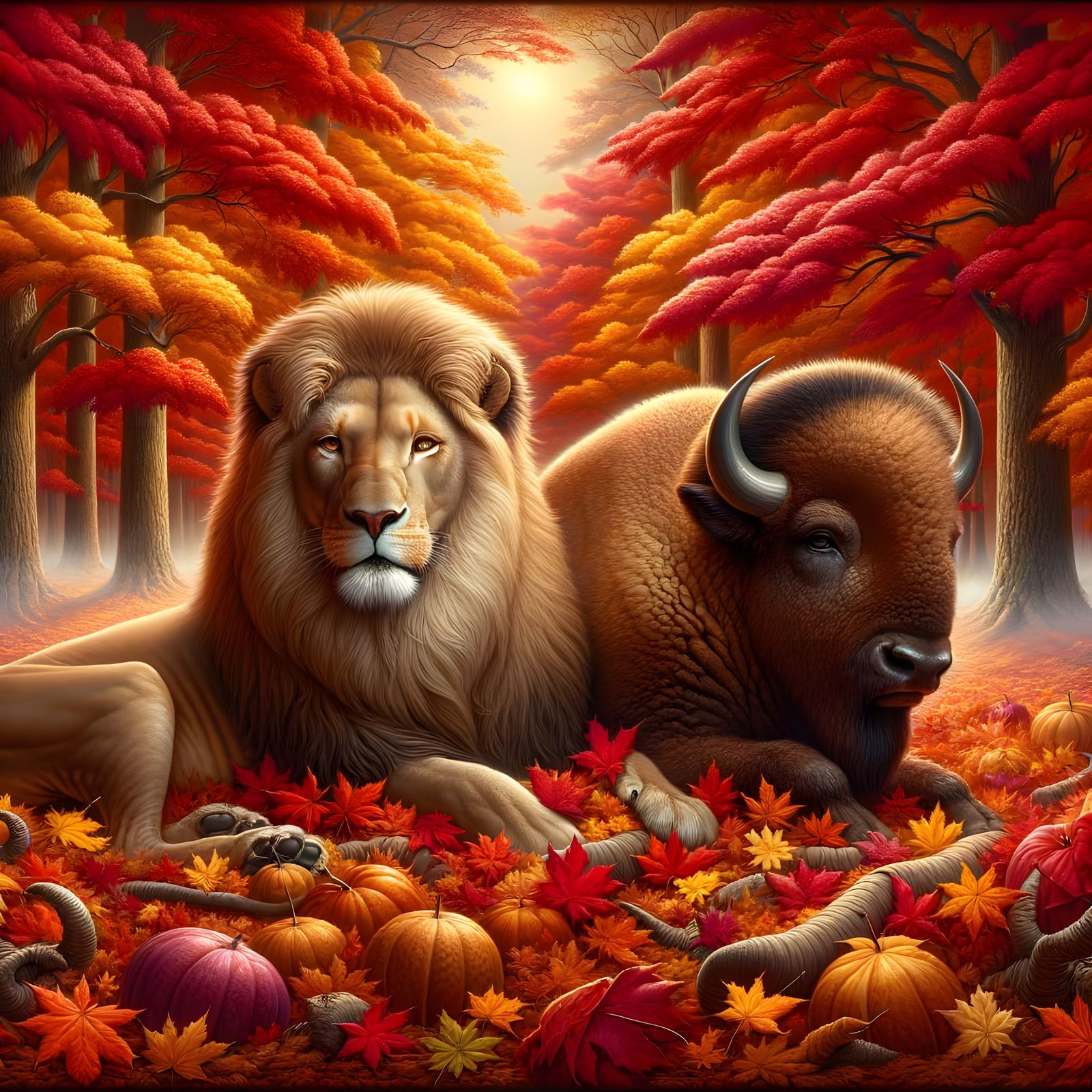 Lion and Bison in Autumn Splendor