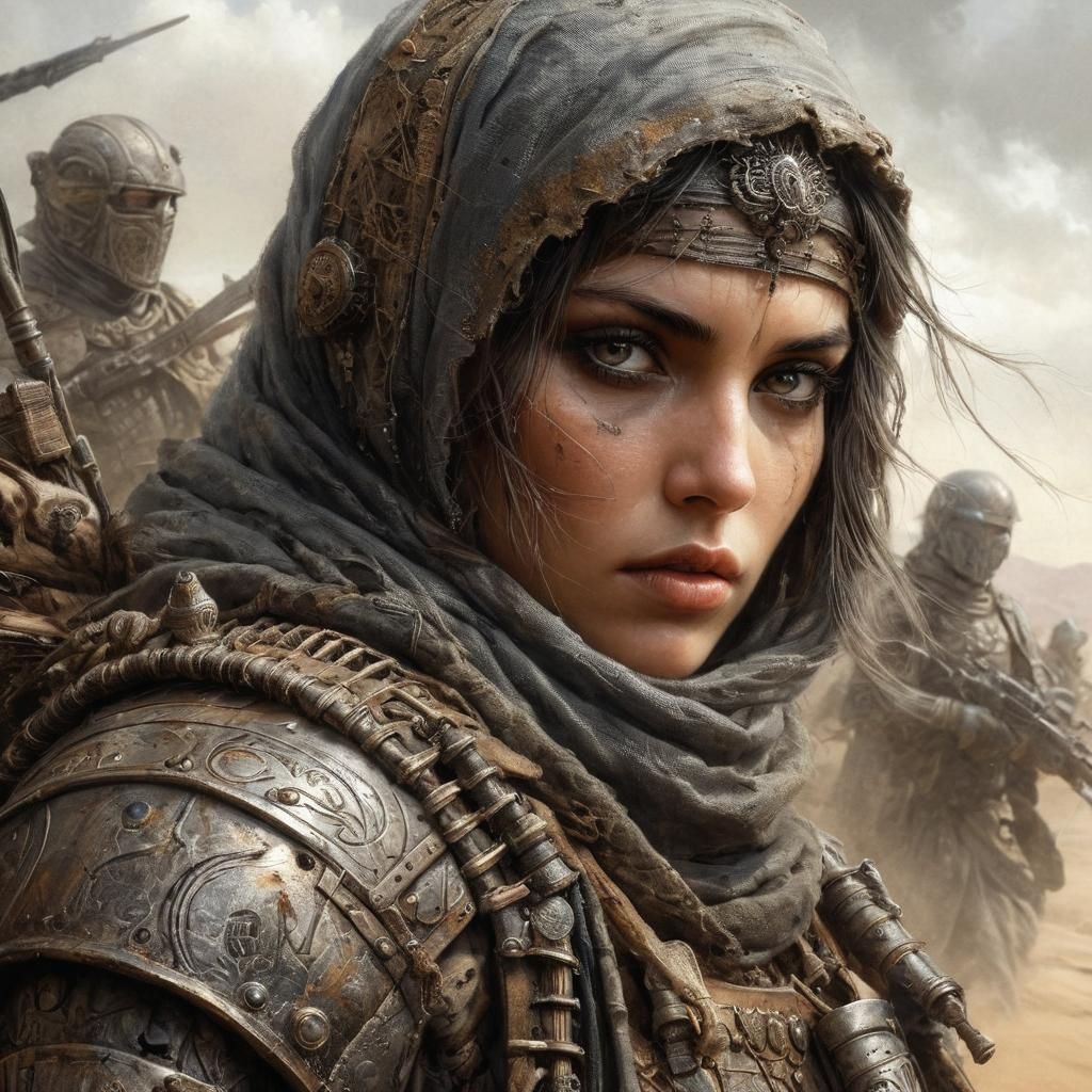 Close-up portrait of a nomadic woman, fully armoured, in a v...