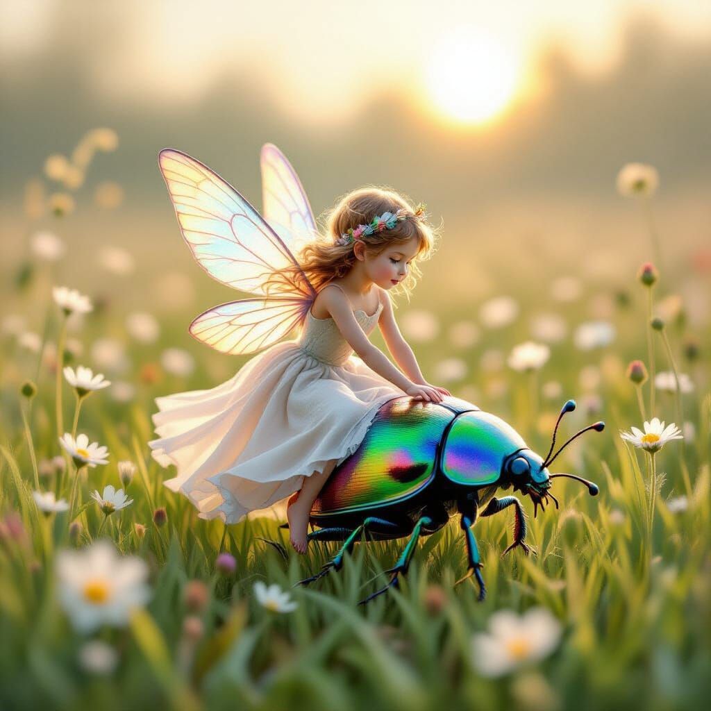 Fairy Riding Iridescent Beetle at Dawn in Pastel Storybook S...
