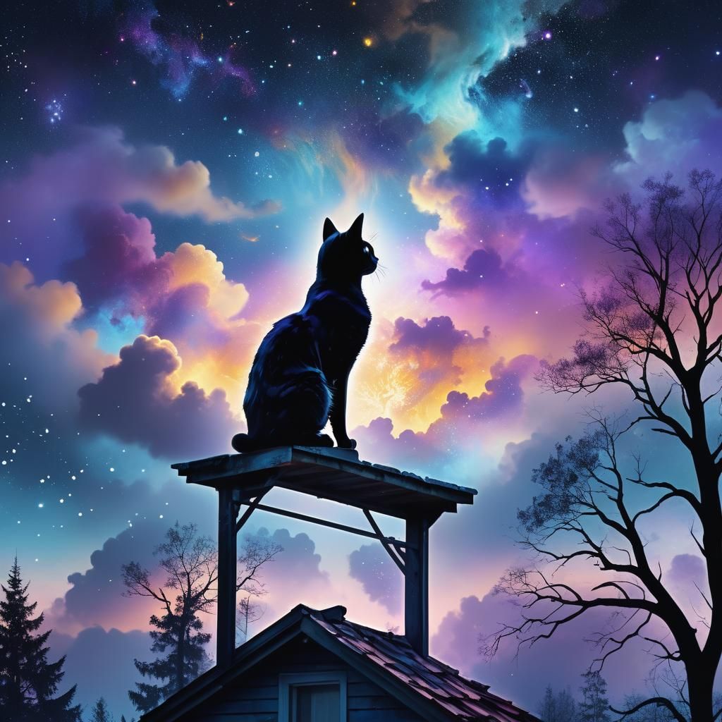 Elegant Cat on Roof with Nebulae: Digital Matte Painting