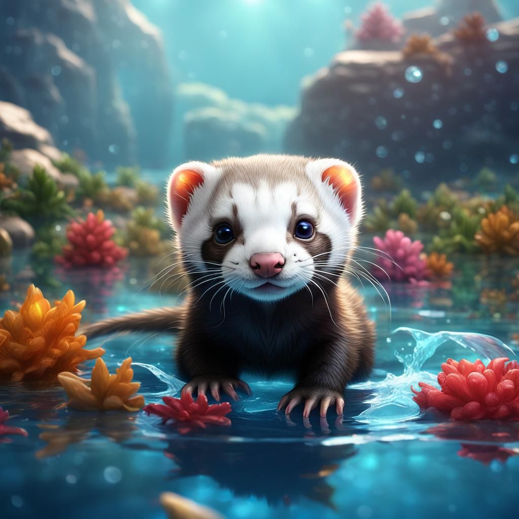 Baby Ferret Swimming in Crystal Lake: Detailed Matte Paintin...