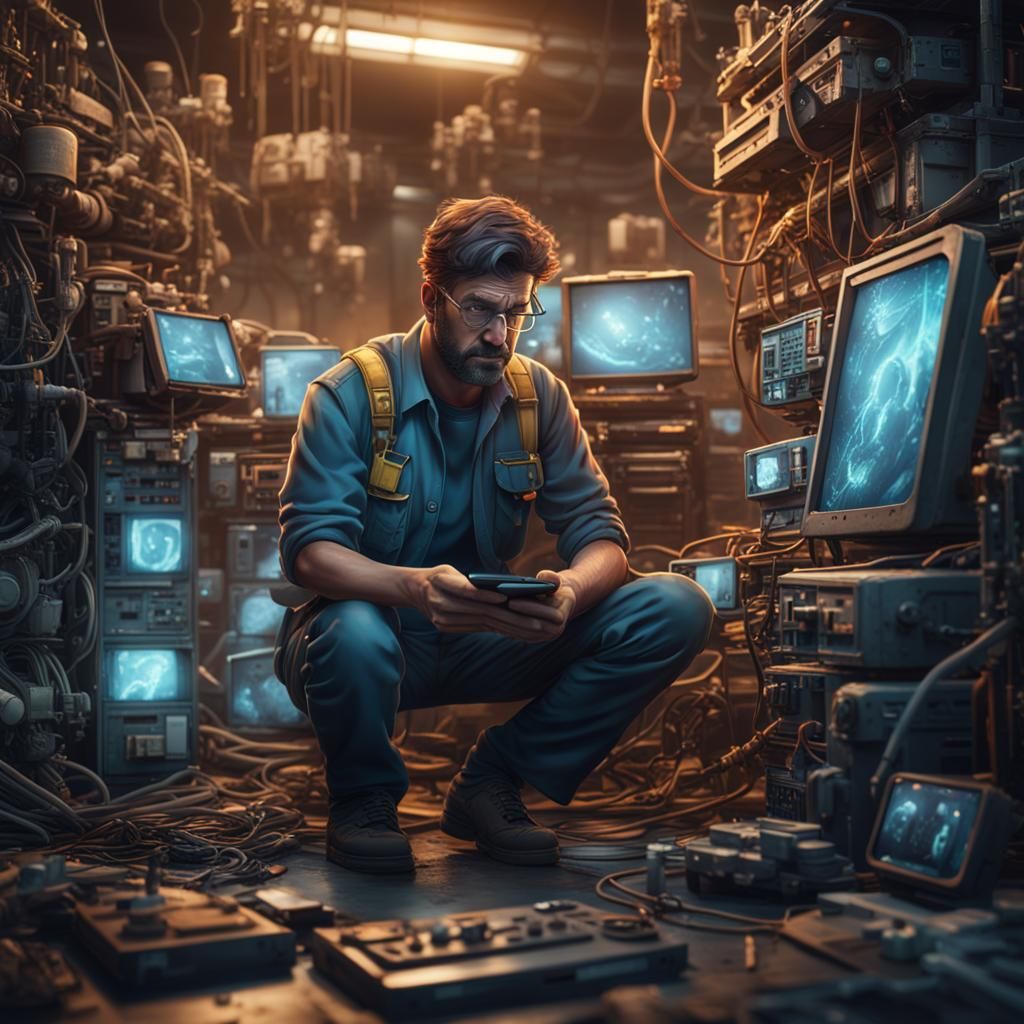 Tired Technician Lost in Electronic Equipment: Digital Matte...