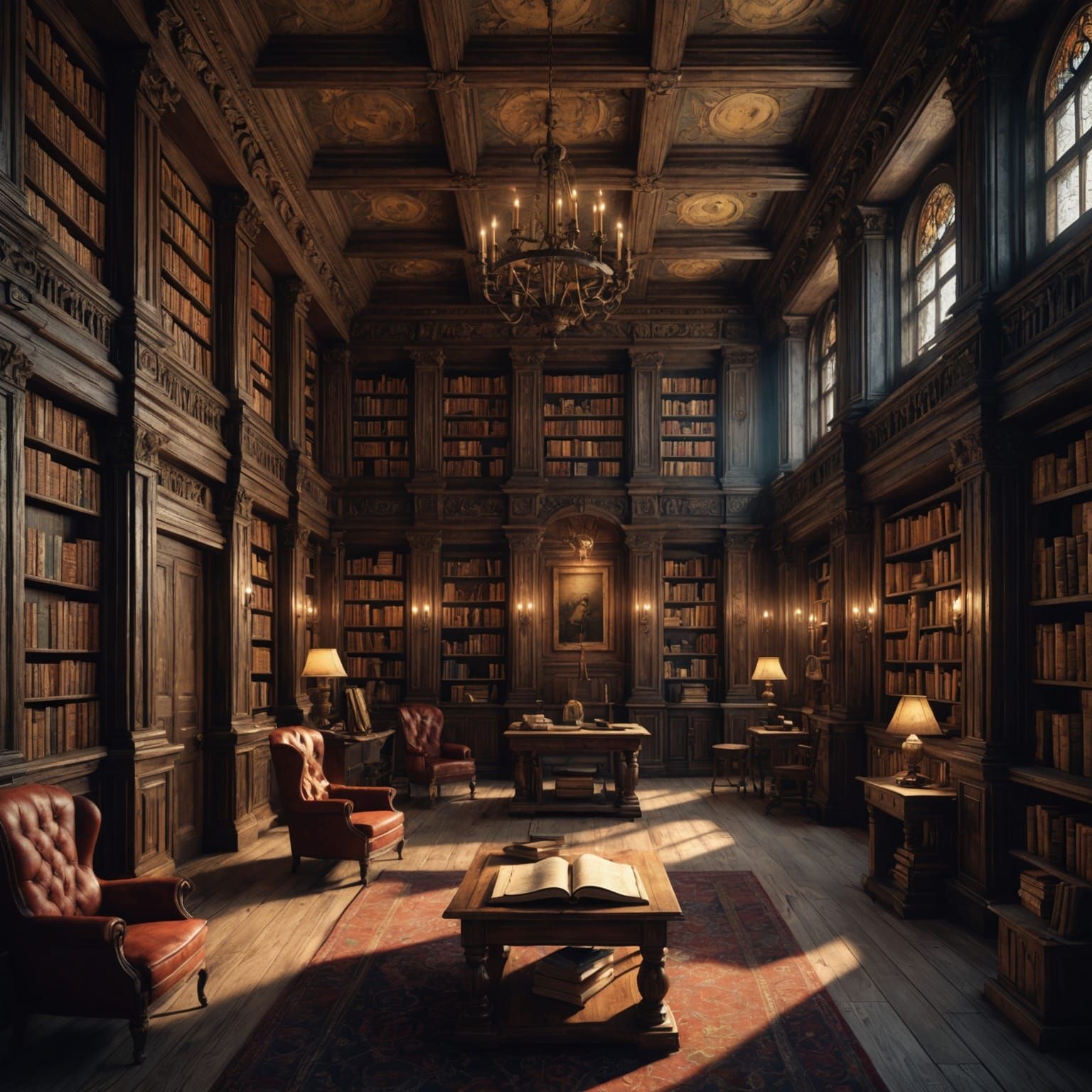 Old Books and Wooden Shelves in Quiet Library
