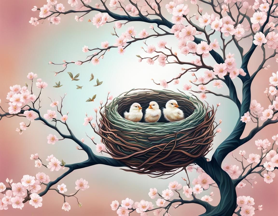 Chicks in Cherry Blossom Nest: Impressionist Painting