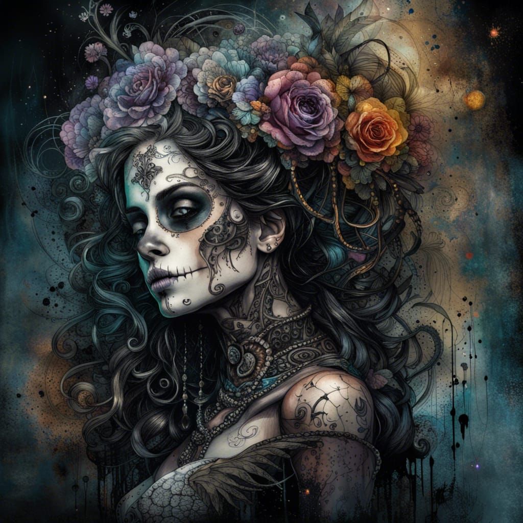 High Gothic Sugar Skull Tattoo in Oil Painting Style