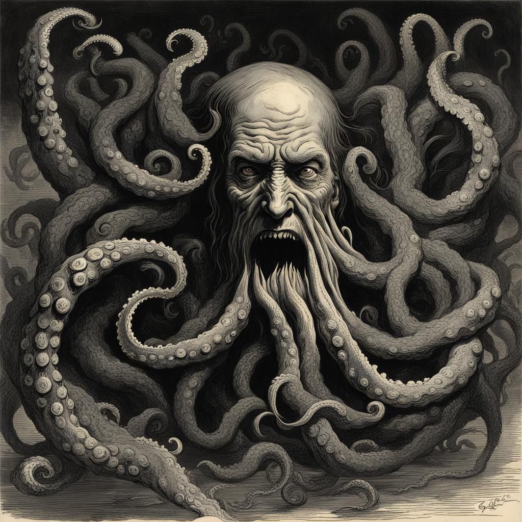 Horrific Tentacle Face in Engraving Style