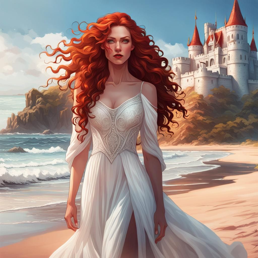 Red Haired Woman on Beach, Digital Art