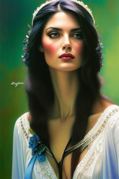 A beautiful young lady with black hair and a white blouse,