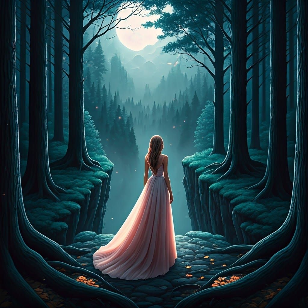 Ethereal Woman in Moonlit Forest Dreamscape