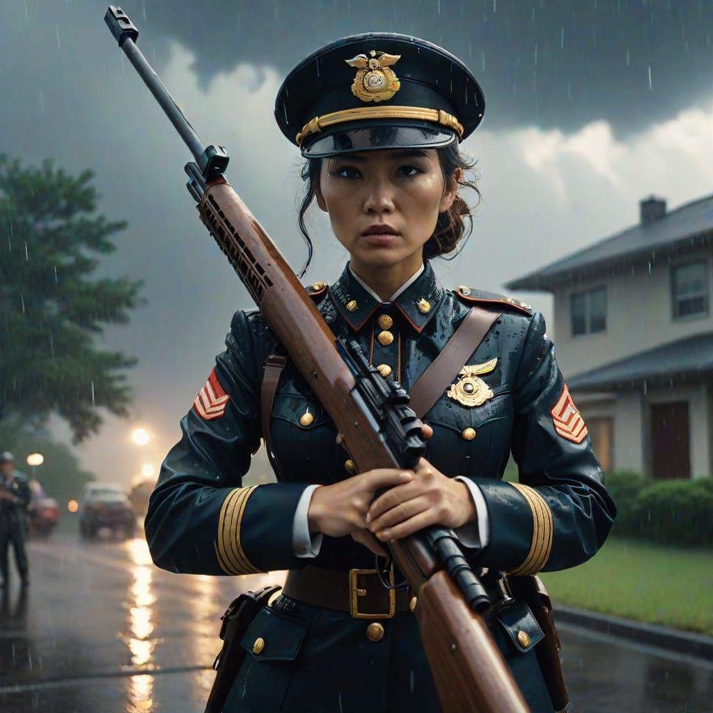 Woman Marine Sniper in Storm, Noir Japanese Cinema Style