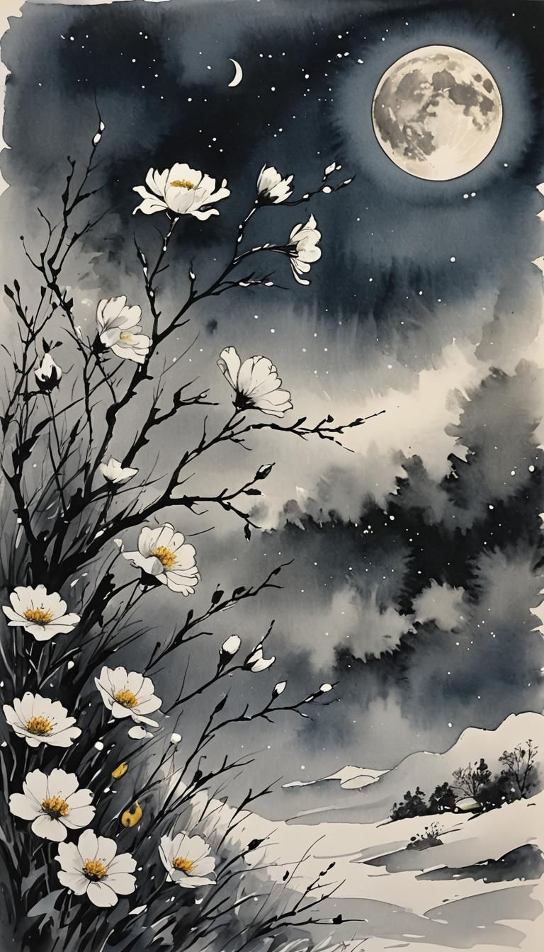 Ink Painting: Wind, Flowers, Snow, Moonlit Night