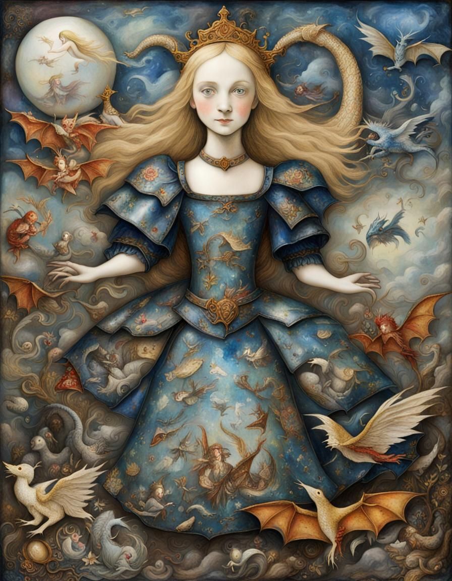 Alice in Wonderland Dark Fantasy Art in Decoupage Style