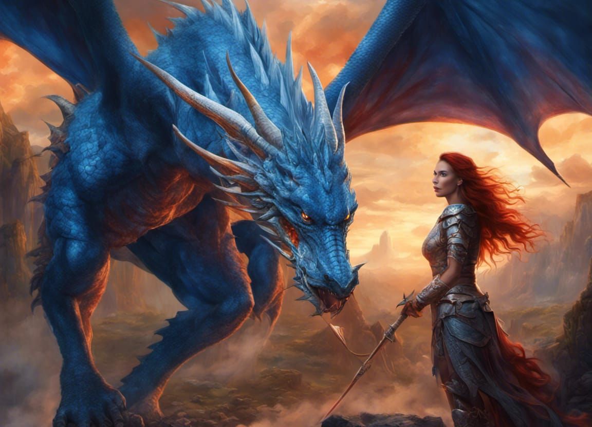 Courageous Warrior and Blue Dragon Fantasy Art