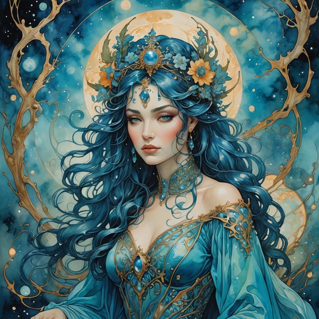 Plasma Blue Mystic in Spacey Fantasy Art Nouveau Style