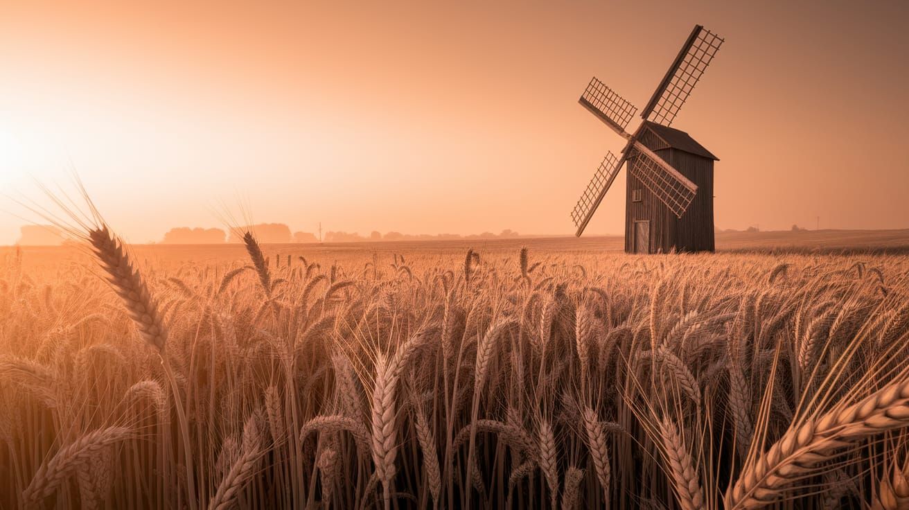 Golden Wheat Field with Antique Windmill at Sunset