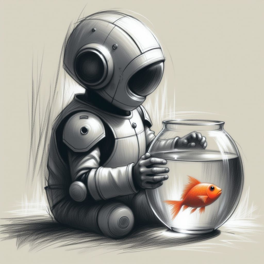 Cute Robot Holding a Fishbowl