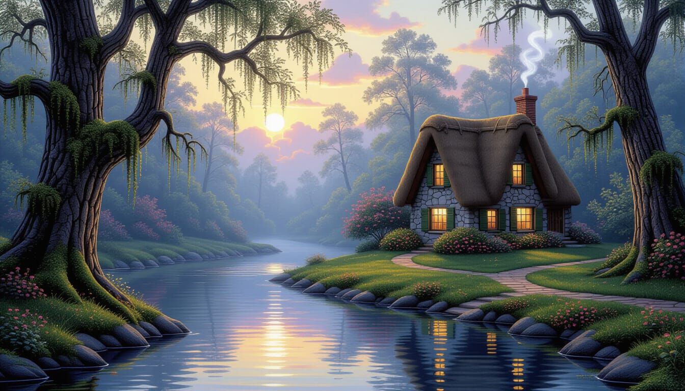 Serene Twilight Cottage by a Shimmering River