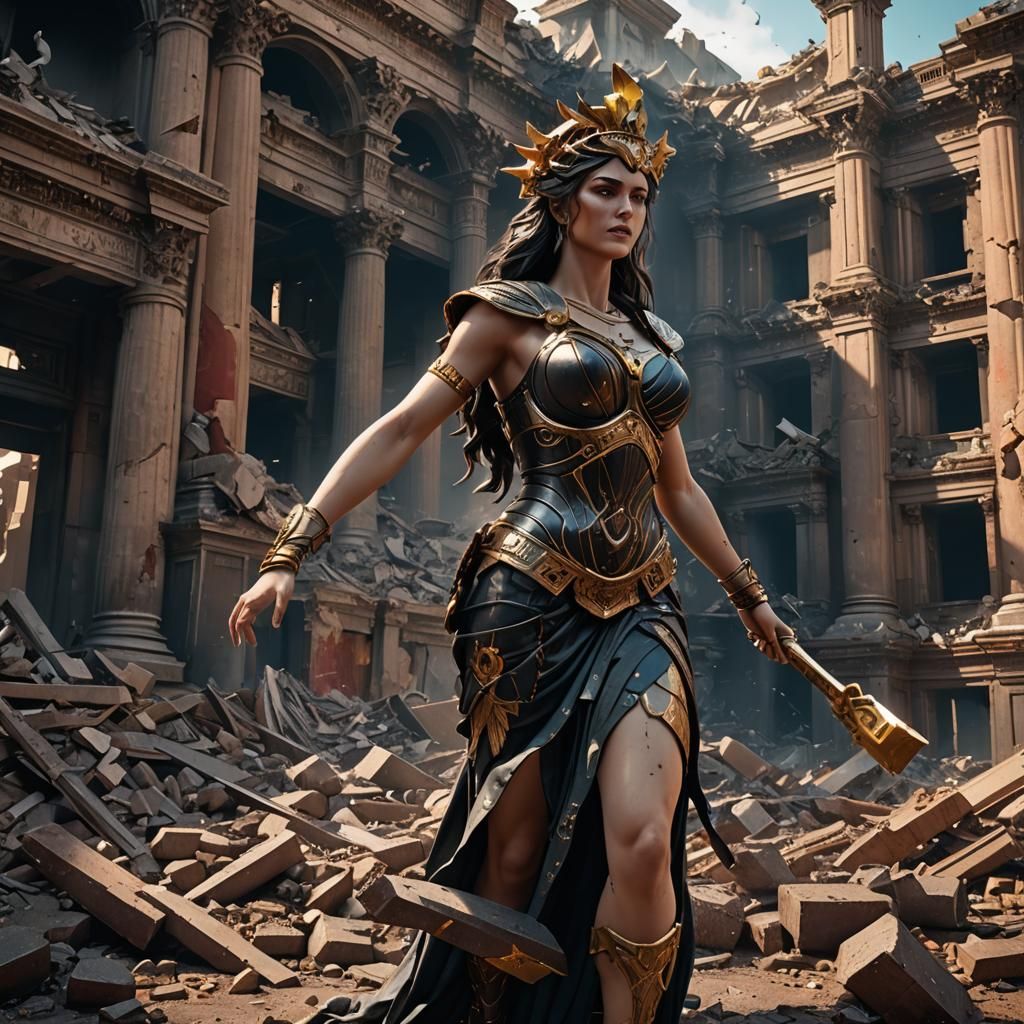 Cyberpunk Roman Goddess Sculpture Tearing Down City