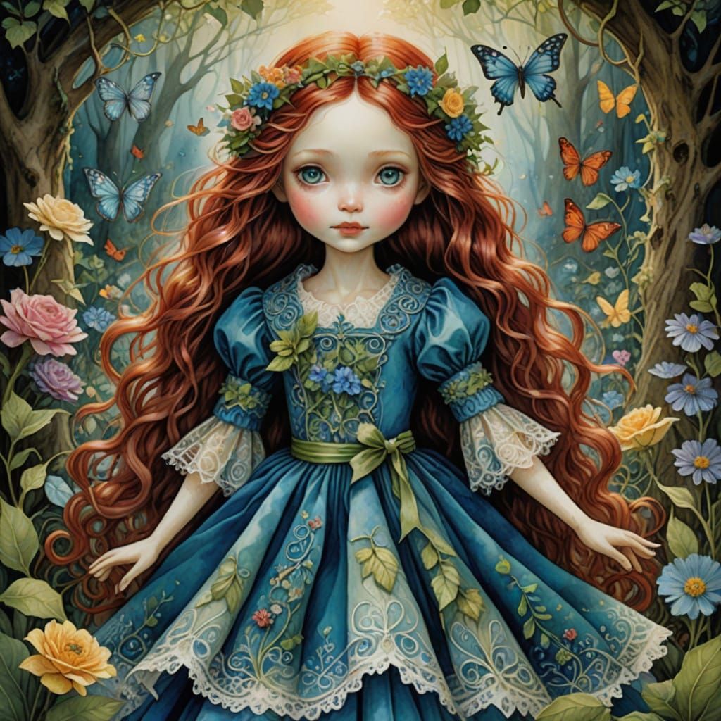 Whimsical Rag Doll in Enchanted Floral Garden