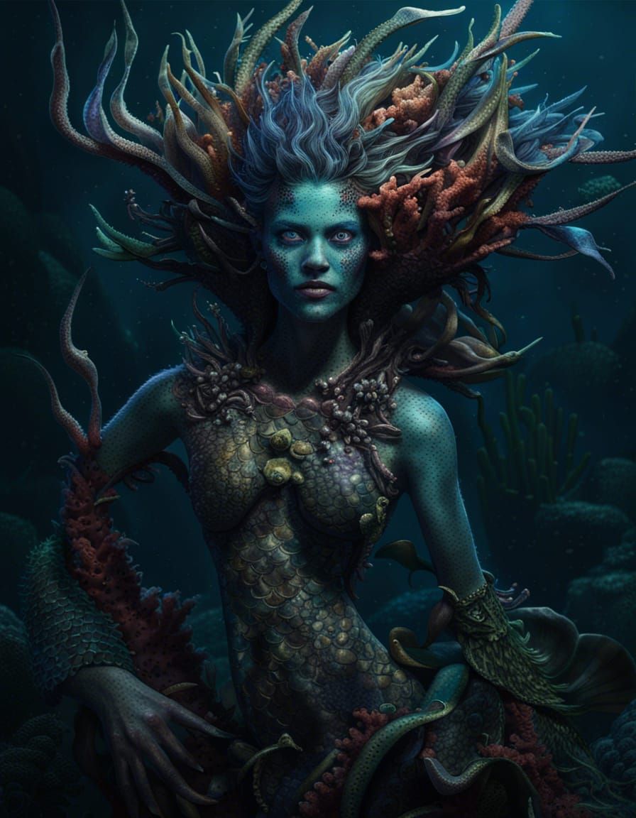 Horror Mermaid Portrait with Seaweed Hair in Detailed Matte ...