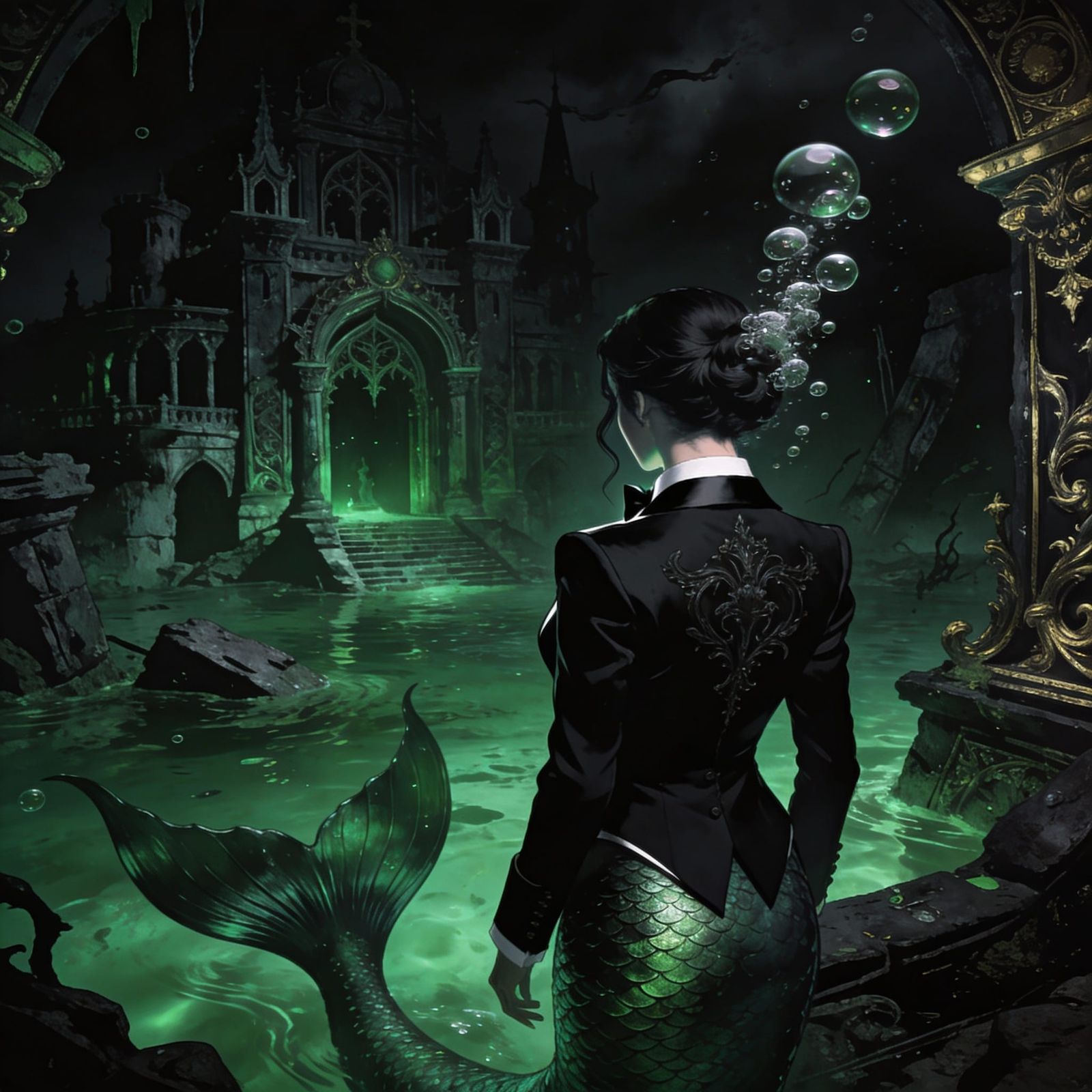 Atlantis Fortress with Gothic Mermaid in Green Depths