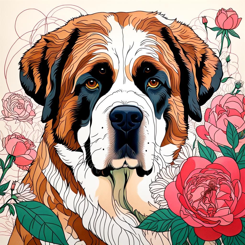 Spirograph Art: Saint Bernard in Flower Field