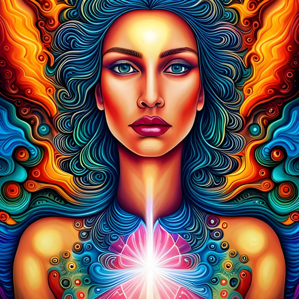 Psychedelic Woman in Fractal Starscape, Alex Grey Style