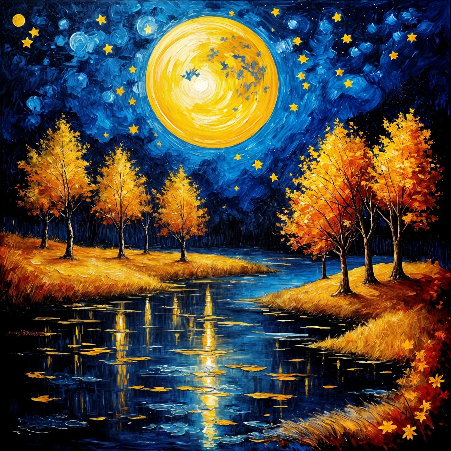 Magical Autumn Night Oil Painting Under Luminous Moon