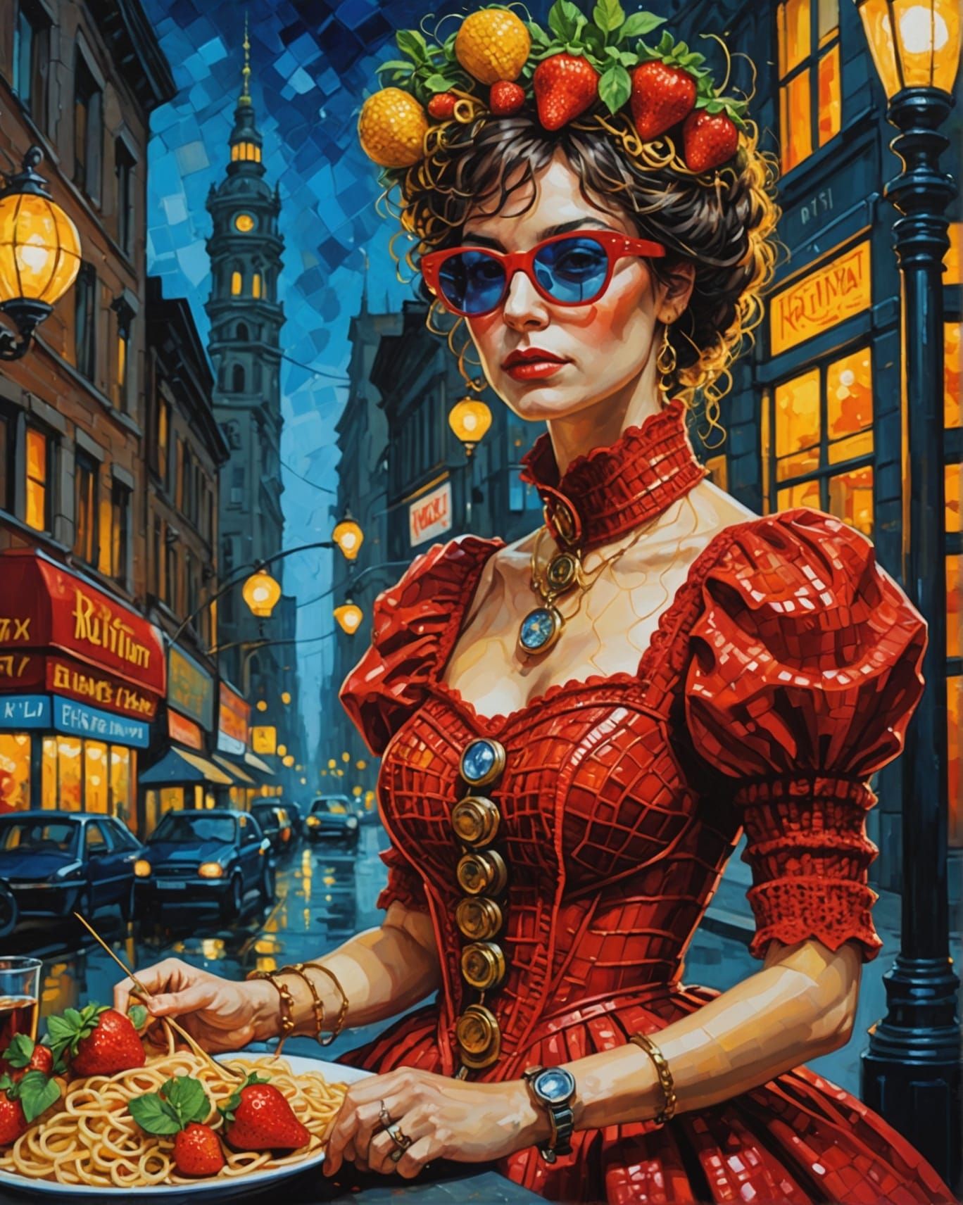 Steampunk Crocodile in Red Dress: Klimt-Inspired Crochet Art