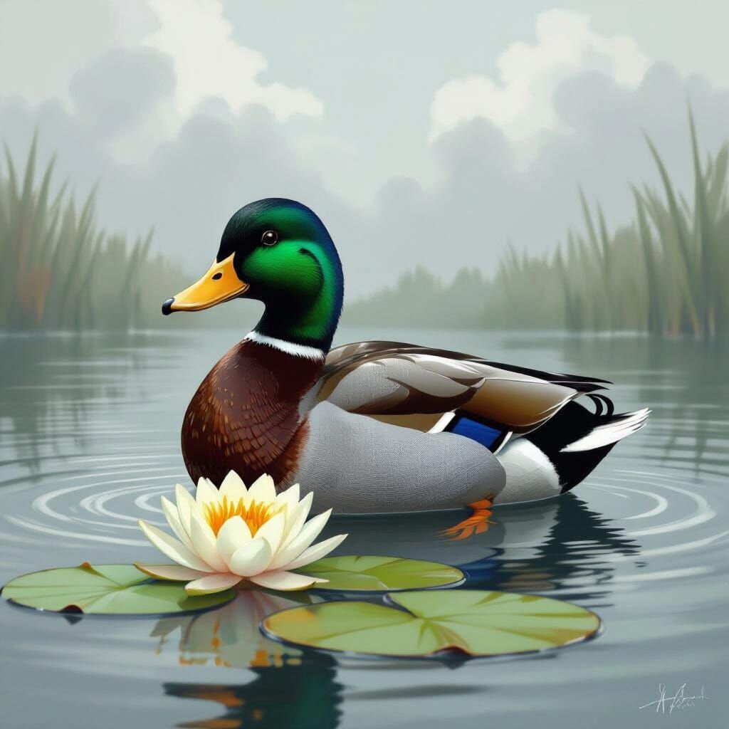 Mallard Duck in Lake: Digital Painting with Textures