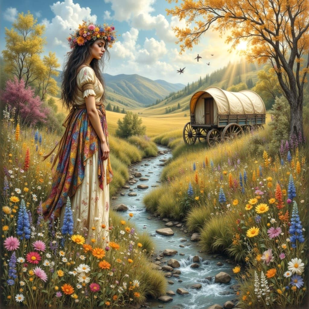 Gypsy Woman by Stream in Golden Hour Mixed Media