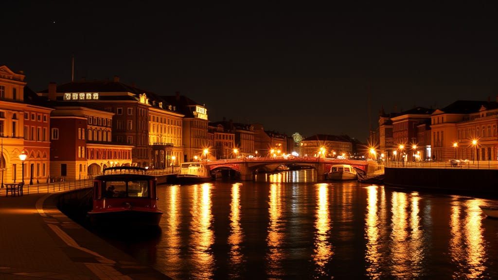 Winter Landscape Bridge in Starry Night Sky with Snowy Mount...