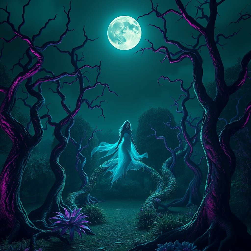 Ghostly Figure in Moonlit Garden