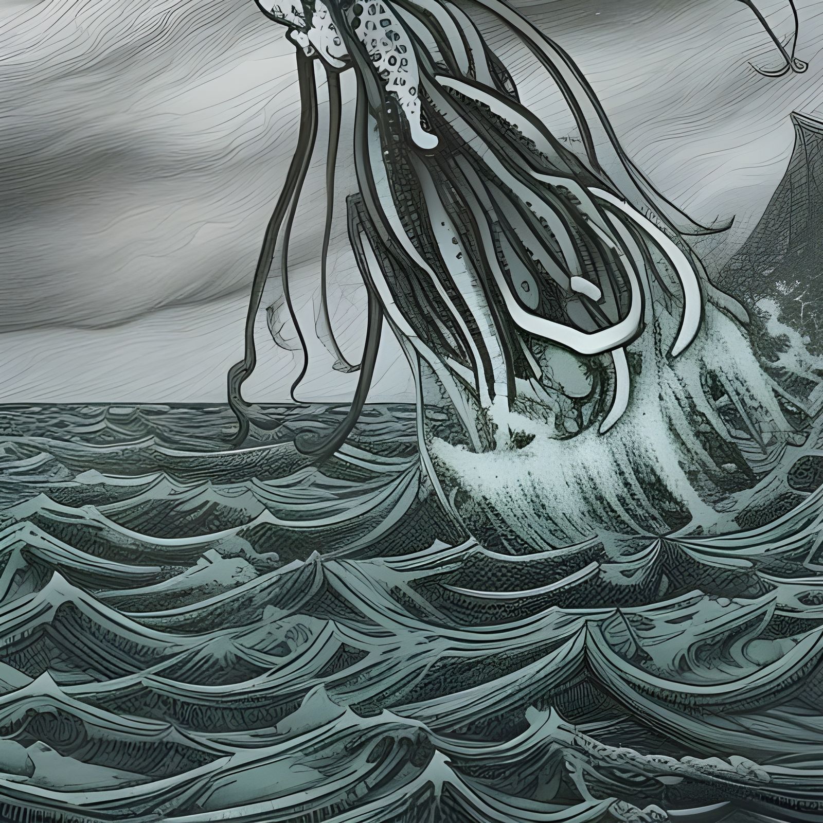 Squid Fishing on Stormy Sea in Mixed Media