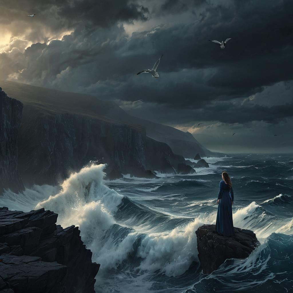 Woman on Cliff Edge in Dark Fantasy Painting