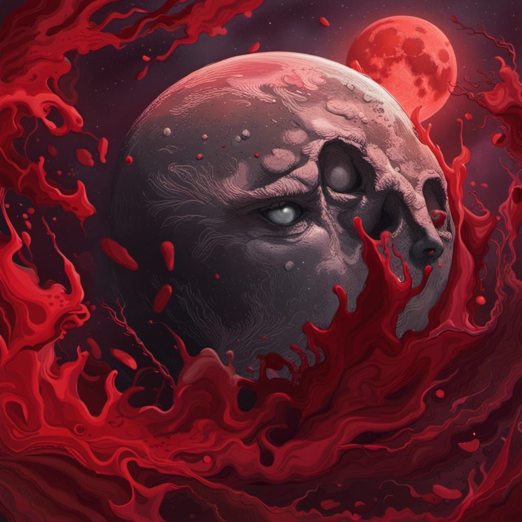 Creepy Crimson Blood Moon in Hyperrealistic Style