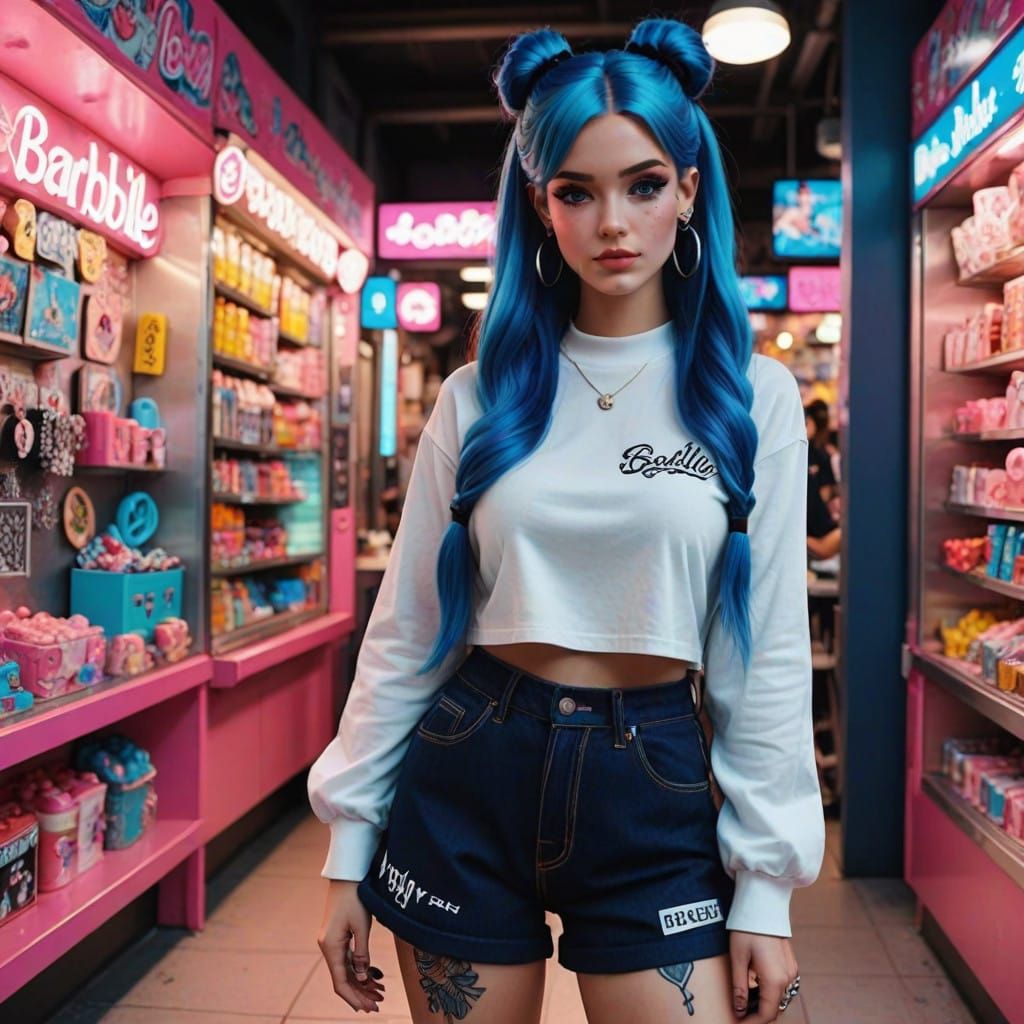 Cyberpunk Girl with Neon Twintails in Dark Blue